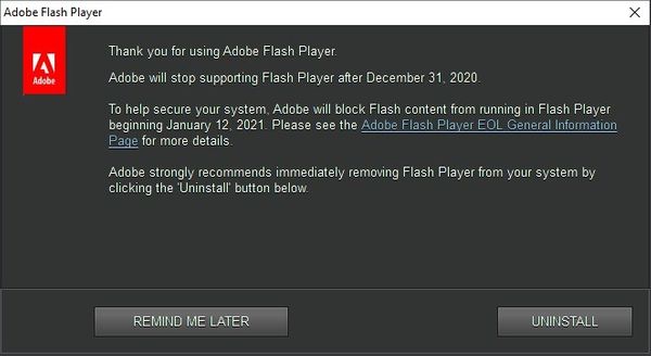 Windows 10 починає відображати попередження Adobe Flash Player